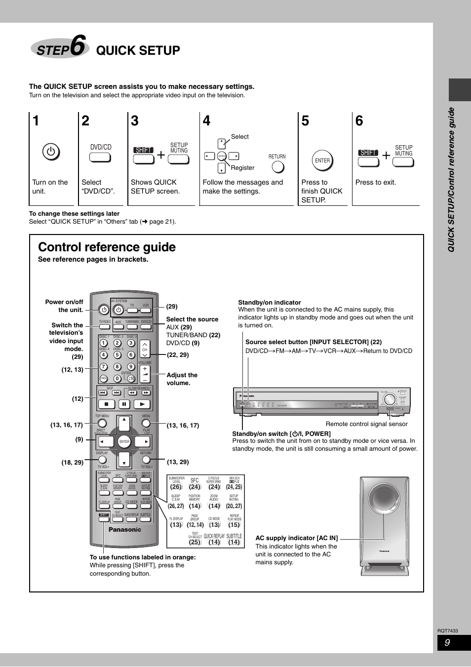 Step 6 quick setup, Control reference guide, Step | Quick setup, Qu ick setup/cont ro l re fe re nce guide, Dvd/cd shift, Shift, See reference pages in brackets | Panasonic SC-HT692 User Manual | Page 9 / 36