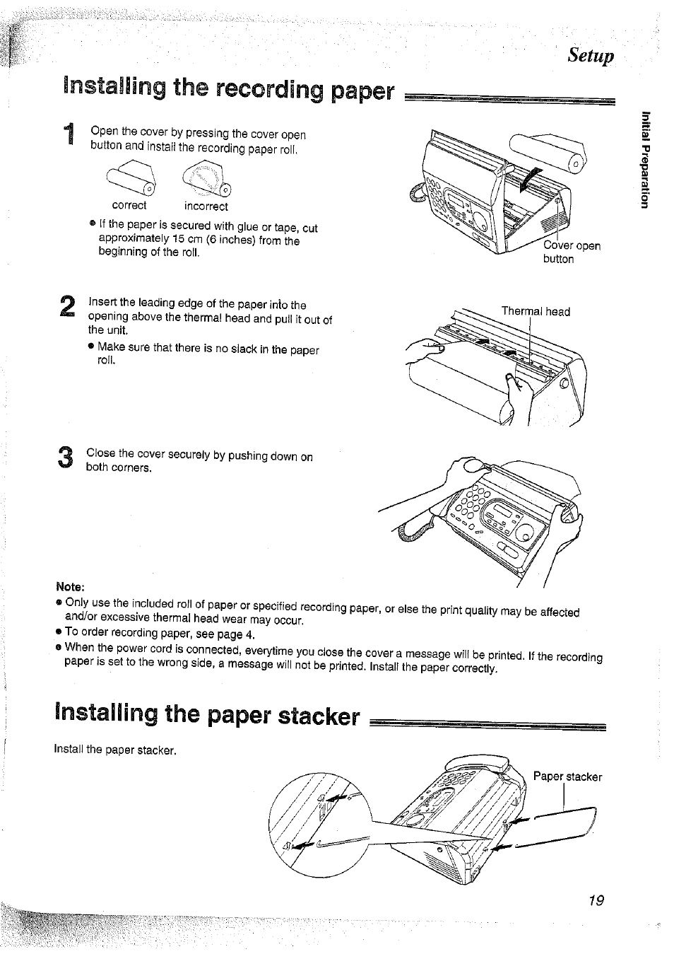 Installing the recording paper, Note, Installing the paper stacker | Setup | Panasonic KX-FT37NZ User Manual | Page 19 / 96