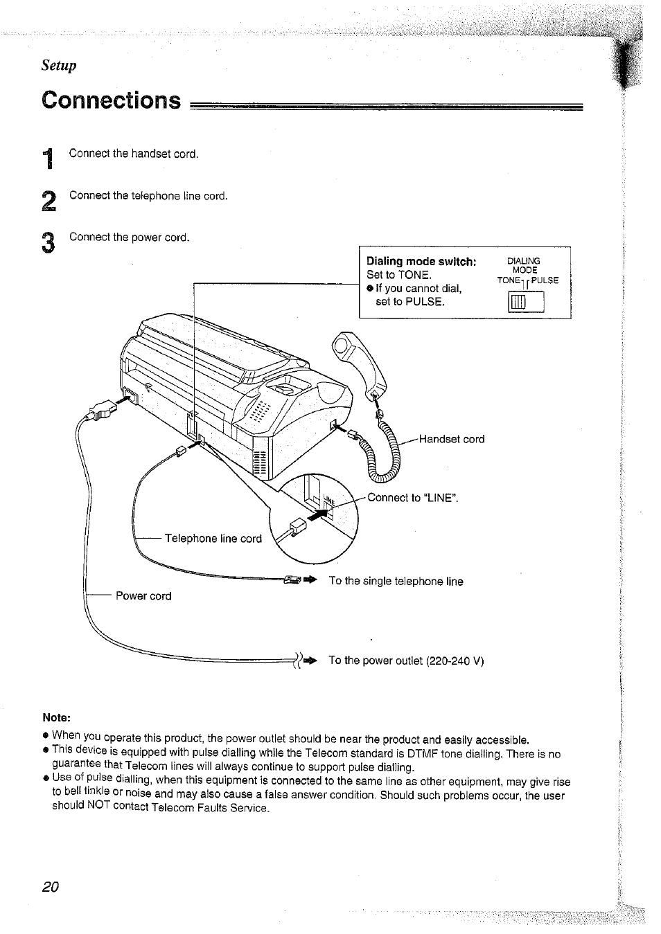 Connections, Note | Panasonic KX-FT37NZ User Manual | Page 20 / 96