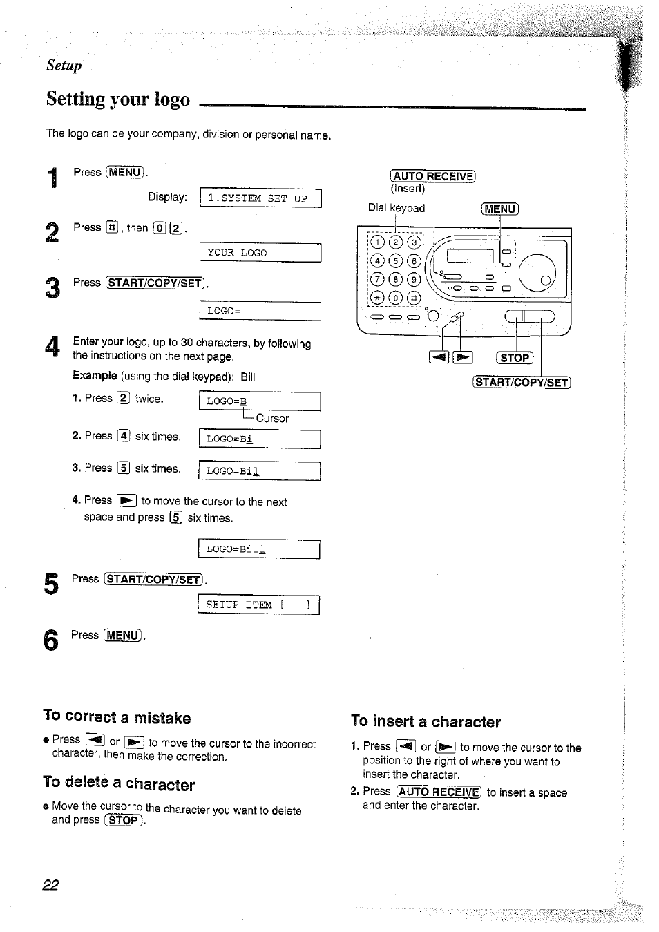 Auto receive), Setting your logo setup | Panasonic KX-FT37NZ User Manual | Page 22 / 96