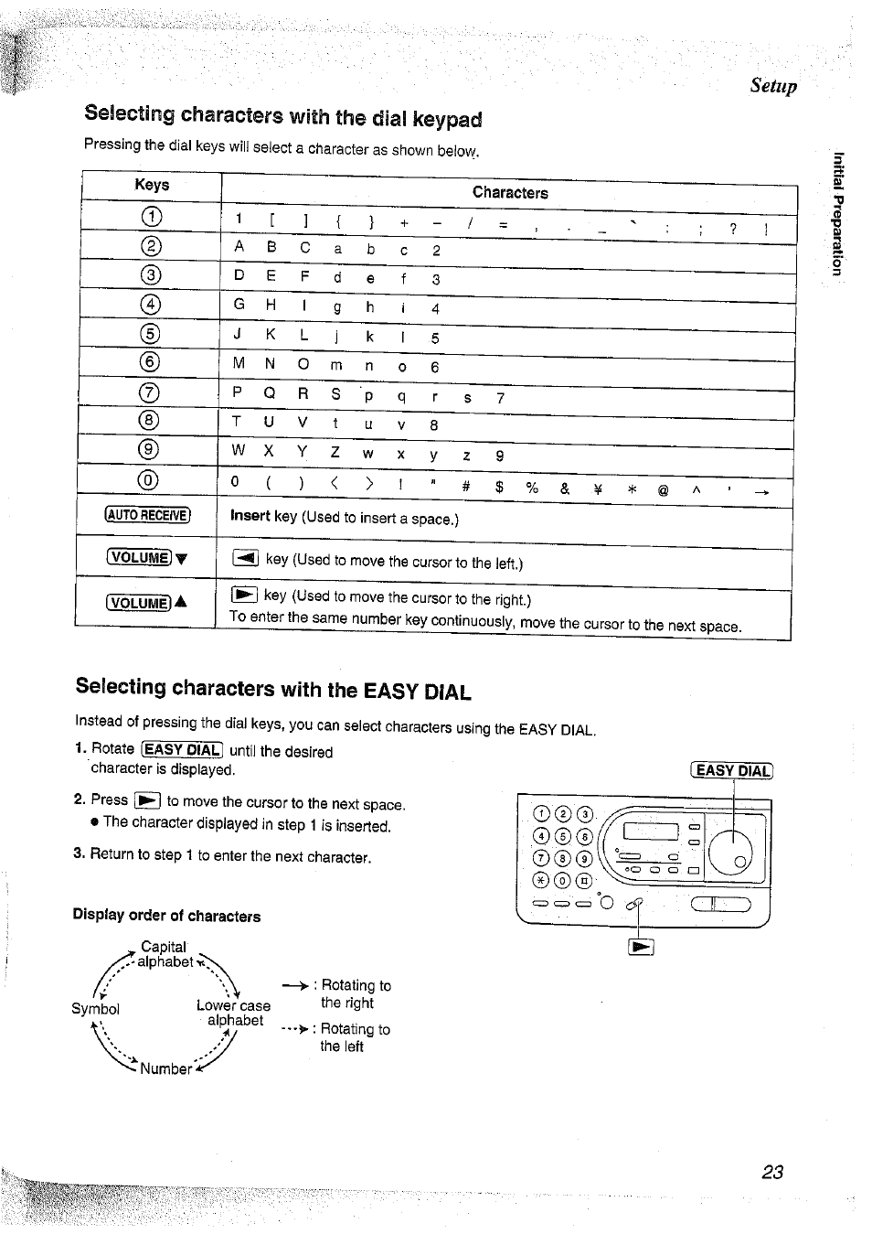 Selecting characters with the dial keypad, Selecting characters with the easy dial, Display order of characters | Setup | Panasonic KX-FT37NZ User Manual | Page 23 / 96