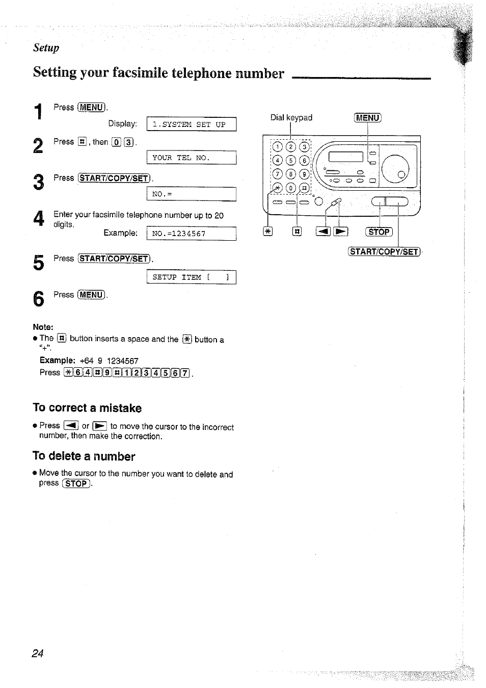 A press (menu), G press istart/copy/setl. g press [menu, To correct a mistake | Setting your facsimile telephone number setup a | Panasonic KX-FT37NZ User Manual | Page 24 / 96