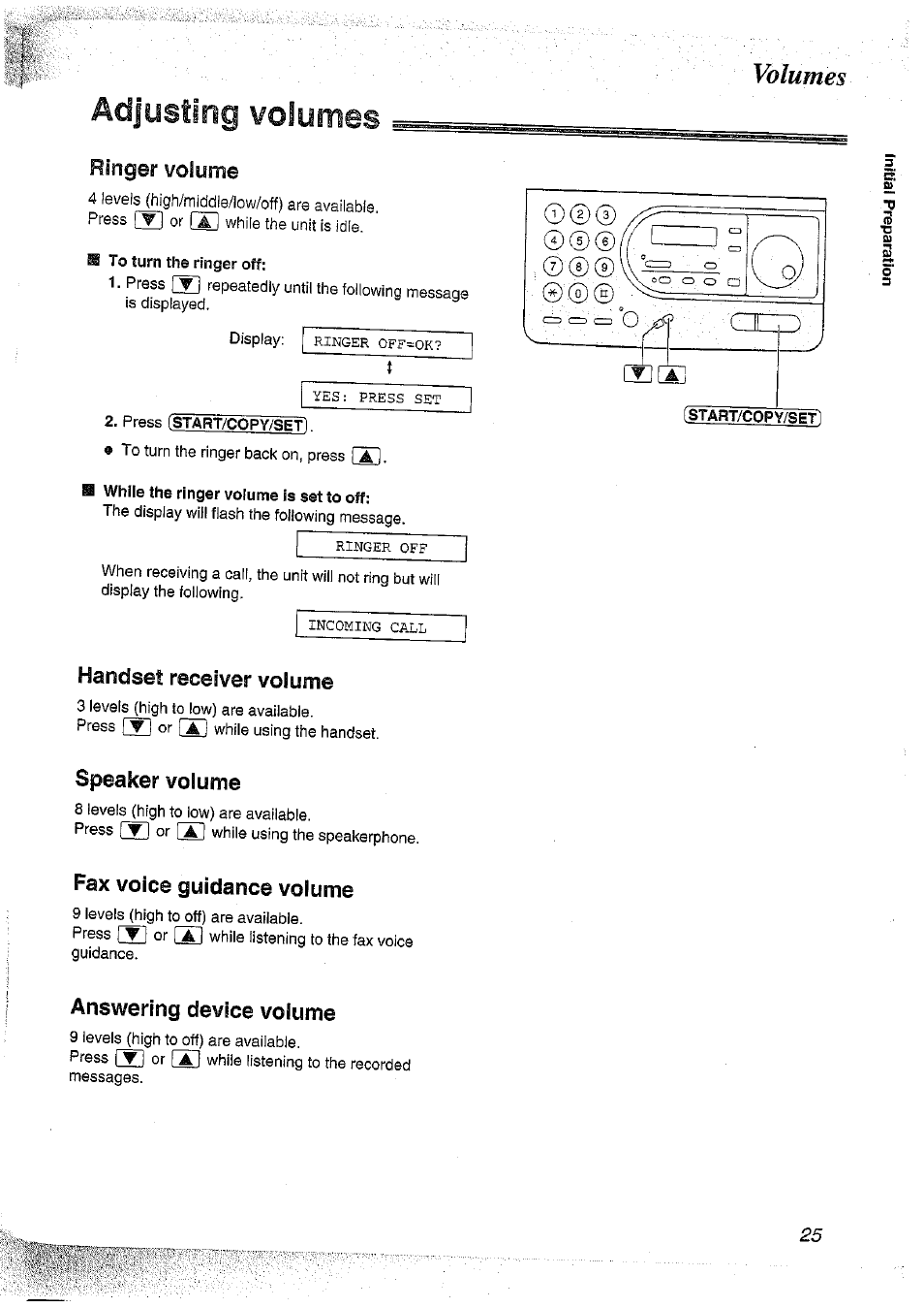 Adjusting volumes, Rfnger volume, Handset receiver volume | Speaker volume, Fax voice guidance volume, Answering device volume, Volumes | Panasonic KX-FT37NZ User Manual | Page 25 / 96