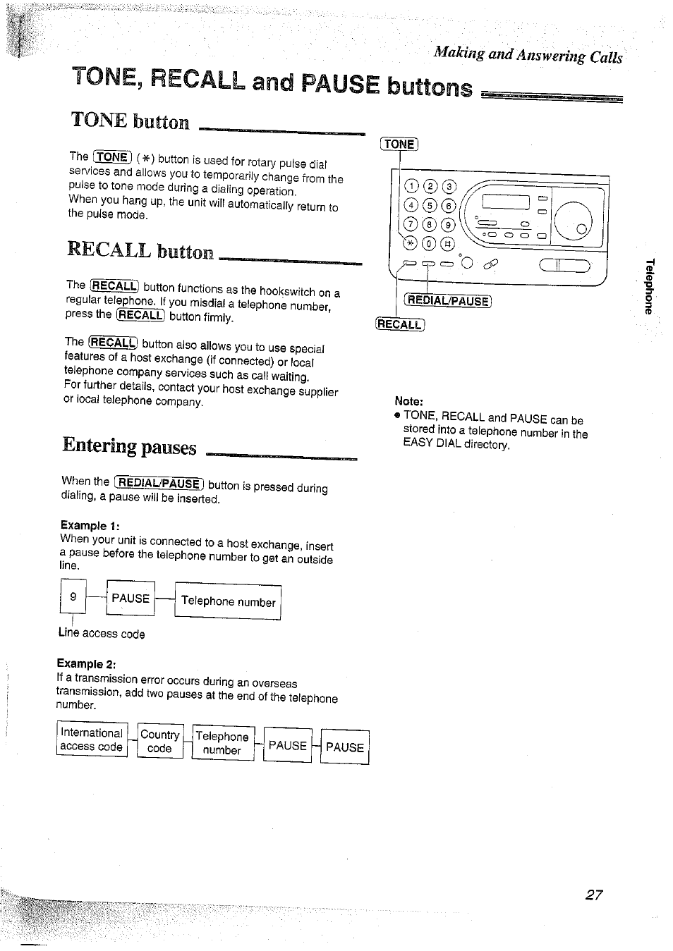 Tone, recall and pause buttons, Example 1, Example 2 | Tone button, Recall button, Entering pauses | Panasonic KX-FT37NZ User Manual | Page 27 / 96