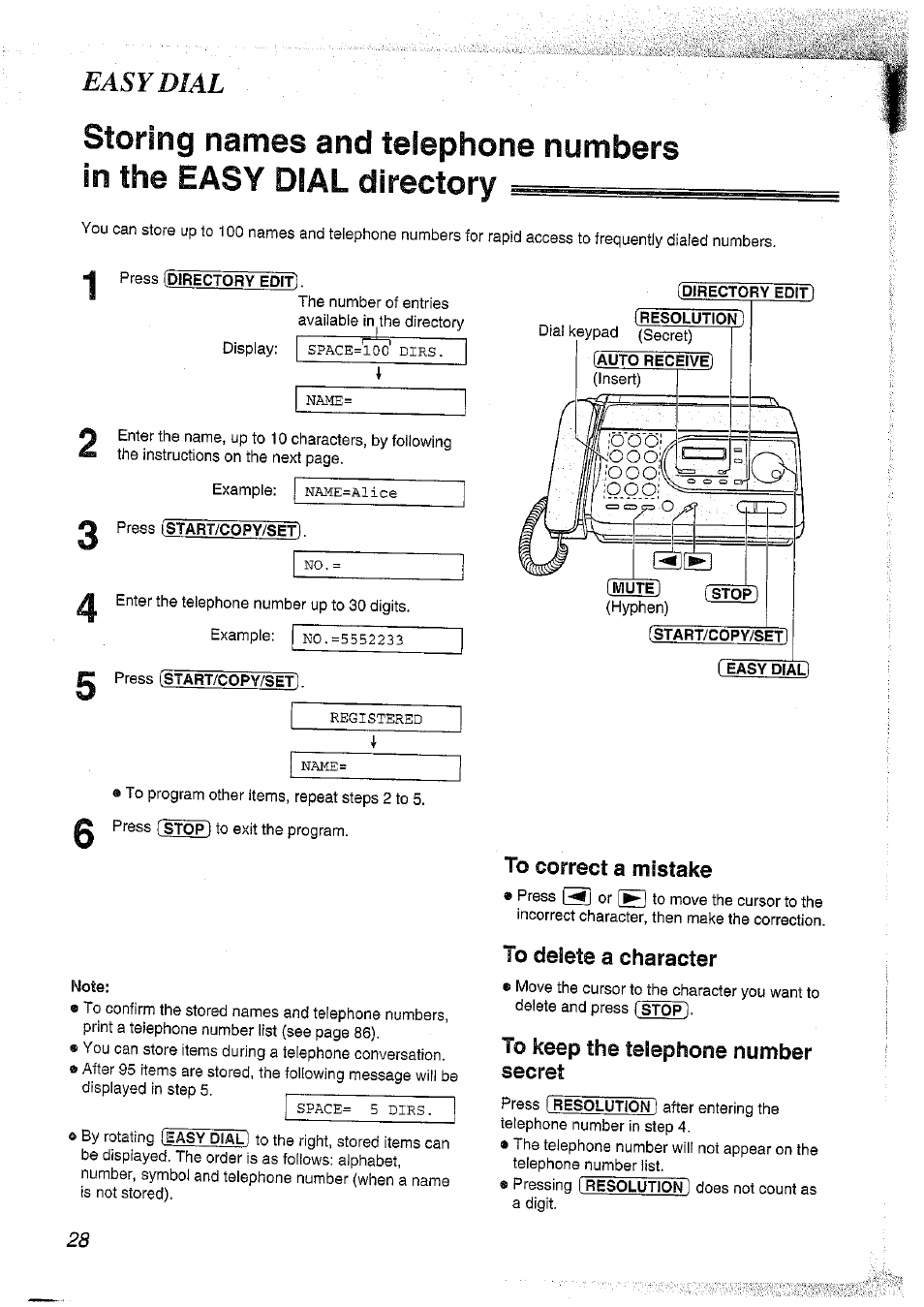 Note, Directory edit, Resolution | Auto receive), Stop, Start/copy/set, Easy dial, To correct a mistake, To delete a character, To keep the telephone number secret | Panasonic KX-FT37NZ User Manual | Page 28 / 96