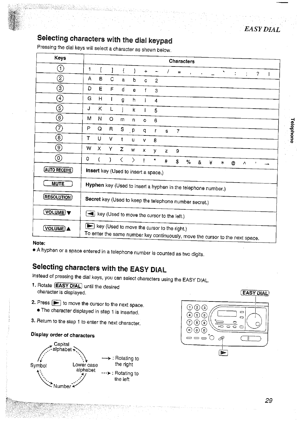 Selecting characters with the dial keypad, Note, Selecting characters with the easy dial | Display order of characters | Panasonic KX-FT37NZ User Manual | Page 29 / 96
