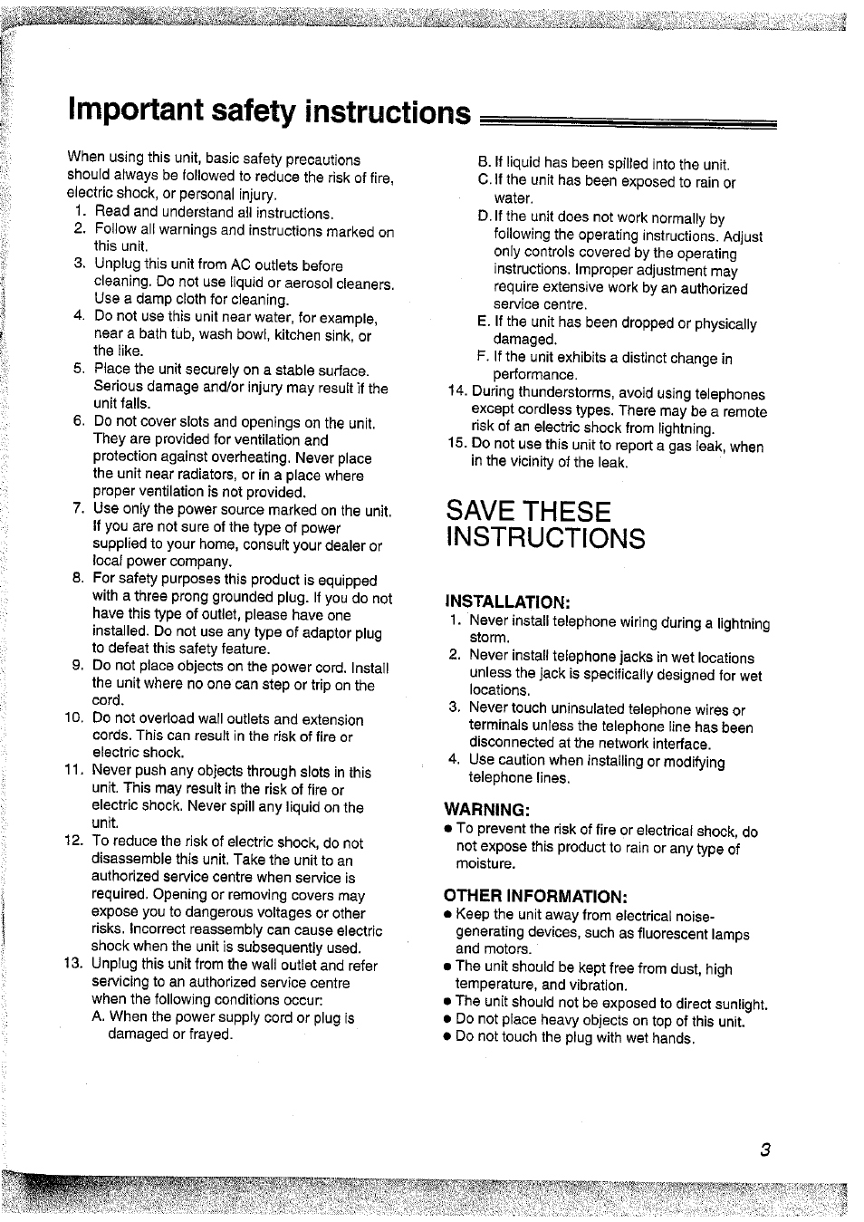 Important safety instructions, Save these instructions | Panasonic KX-FT37NZ User Manual | Page 3 / 96