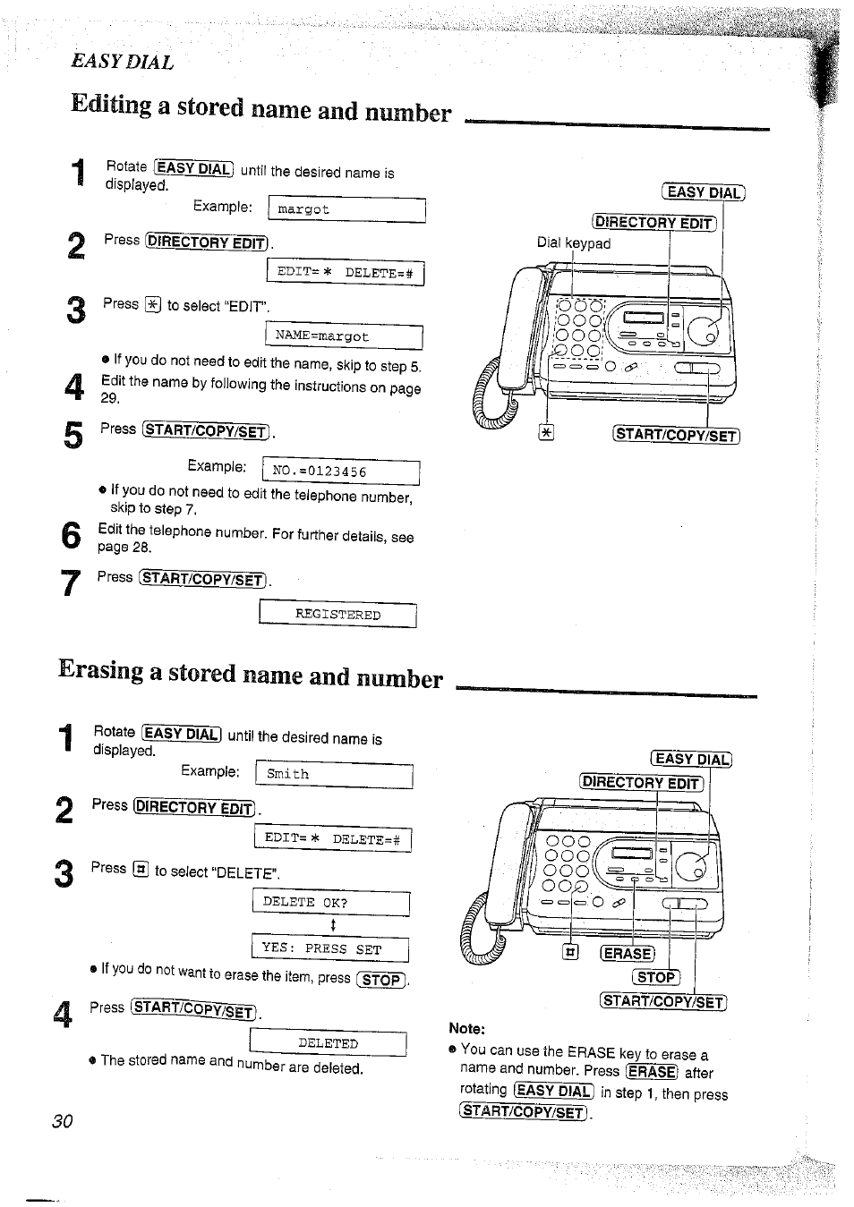 F easy dial, Directory edìt, Stop) | I^art/copy/sefl, Note | Panasonic KX-FT37NZ User Manual | Page 30 / 96