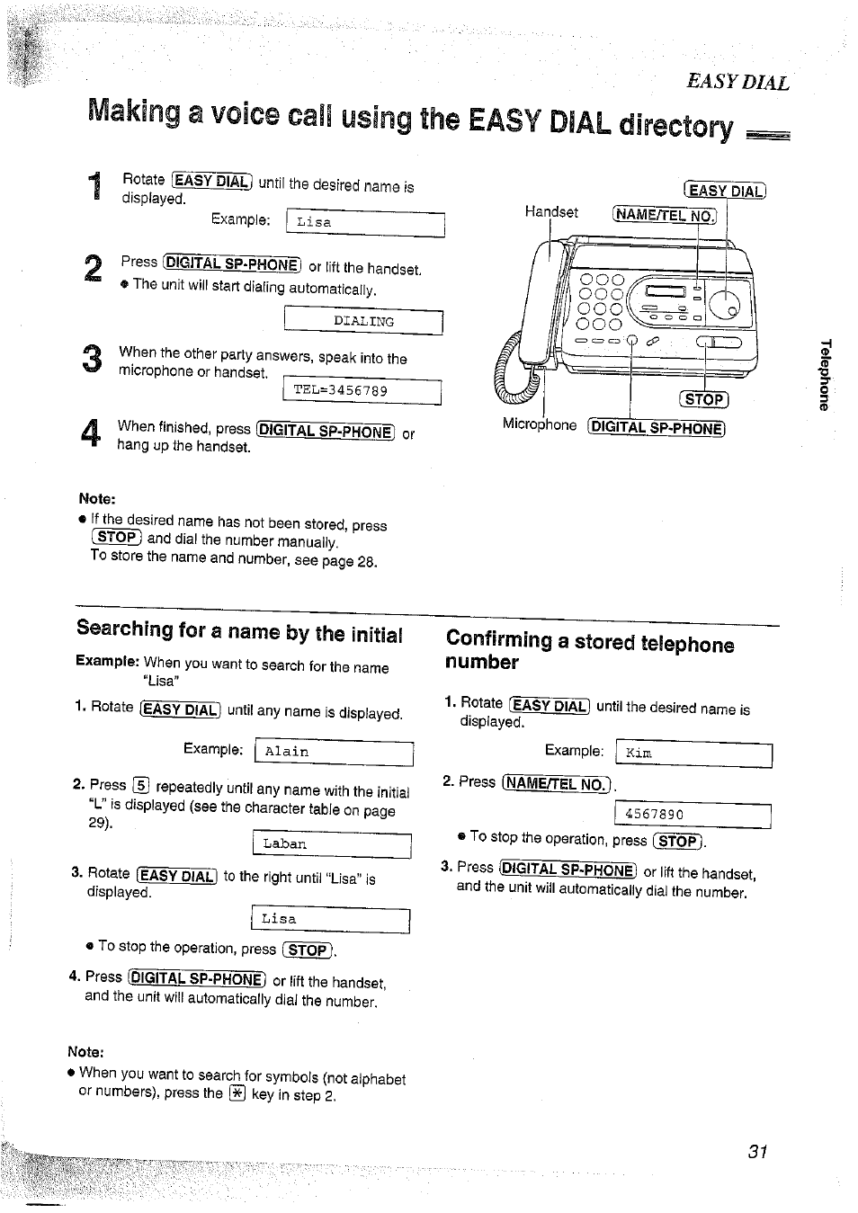 Note, Searching for a name by the initial, Confirming a stored telephone number | Panasonic KX-FT37NZ User Manual | Page 31 / 96