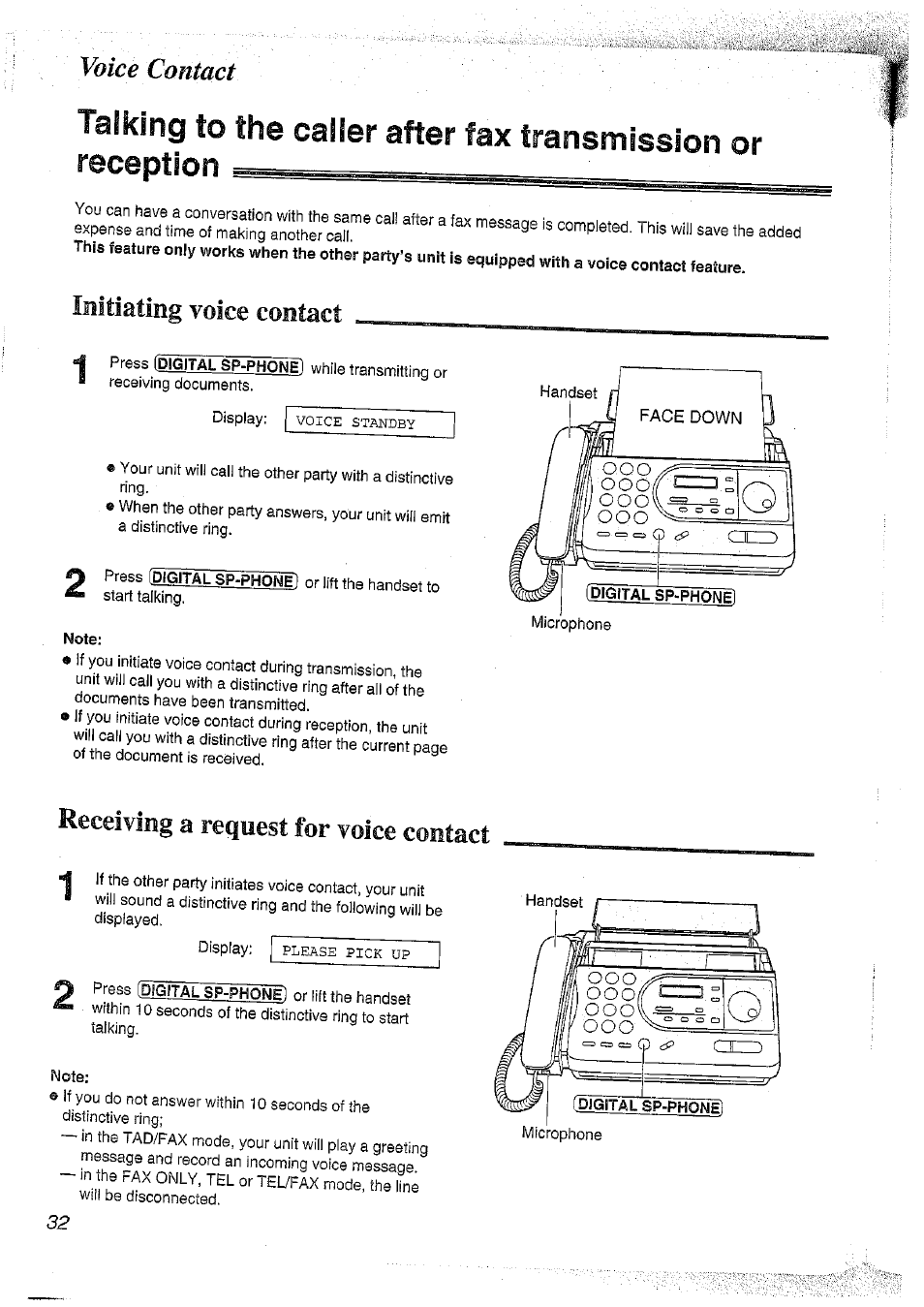 Talking to the caller after fax transmission or, Reception, Voice contact | Panasonic KX-FT37NZ User Manual | Page 32 / 96