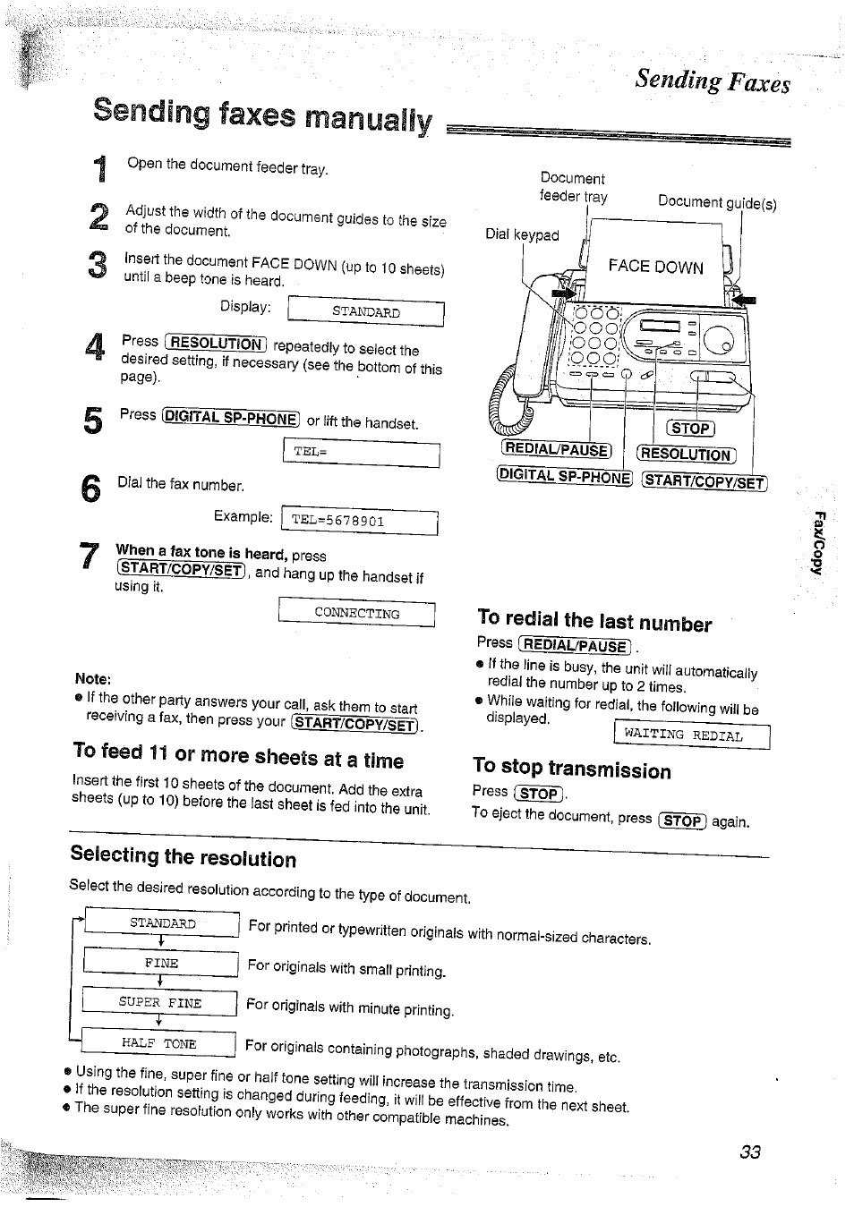 Sending faxes manually, Note, To feed 11 or more sheets at a time | Press (redial/pause, Sending faxes, Feed 11, Sheets at a | Panasonic KX-FT37NZ User Manual | Page 33 / 96