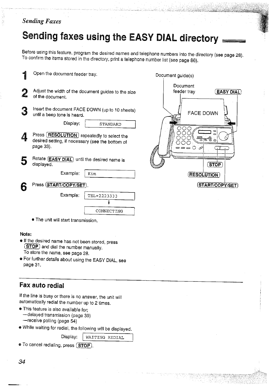 Sending faxes using the easy dial directory, Note, Fax auto redial | Faxes, Sending, Using the easy dial directory | Panasonic KX-FT37NZ User Manual | Page 34 / 96