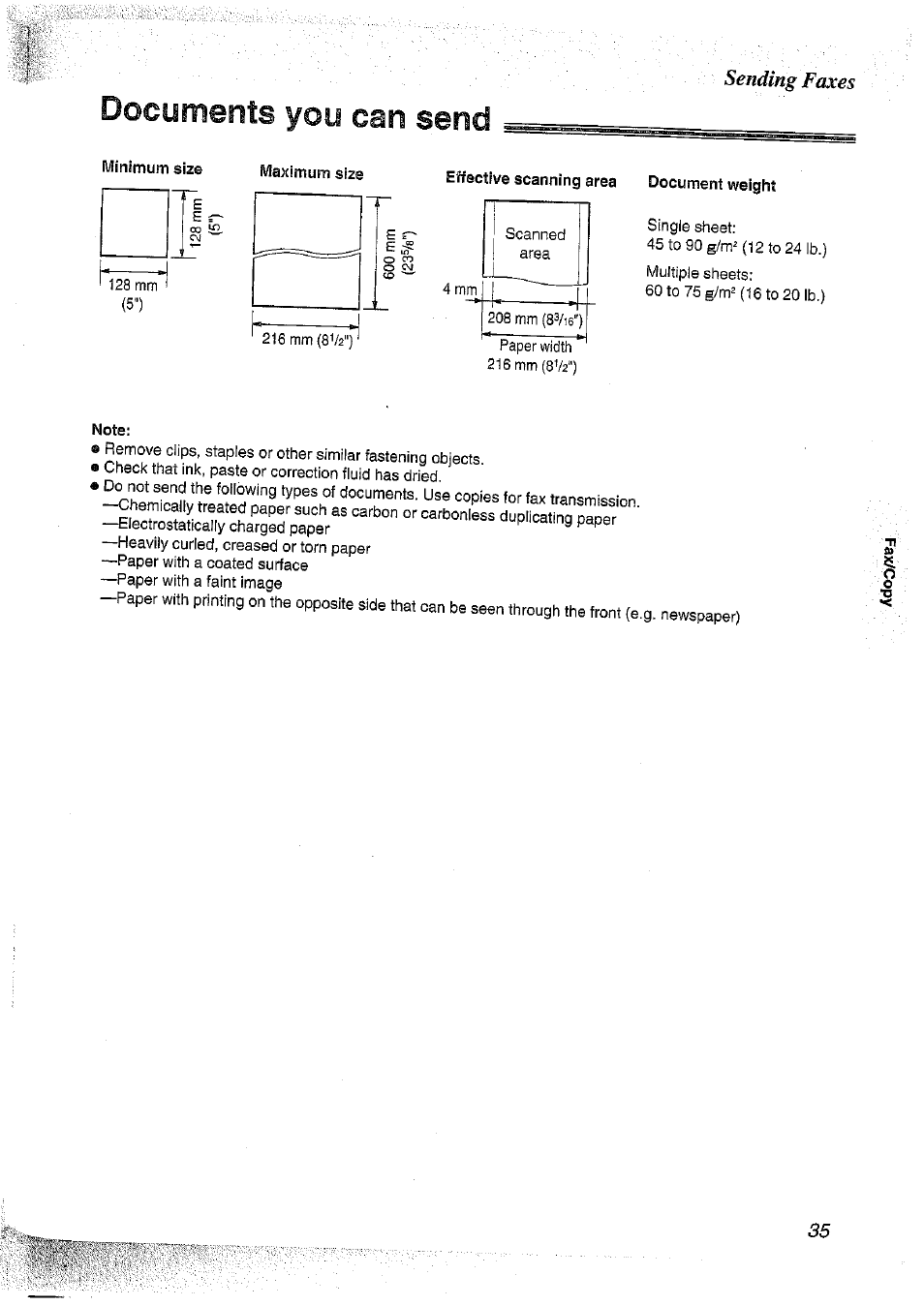 Documents you can send, Effective scanning area document weight, Note | Sending faxes | Panasonic KX-FT37NZ User Manual | Page 35 / 96