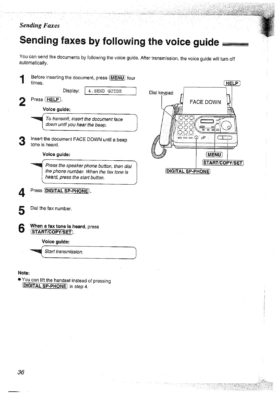 Sending faxes by following the voice guide, Press (help). voice guide, Voice guide | Press [digital sp-phone), When a fax tone is heard, press [start/copy/set | Panasonic KX-FT37NZ User Manual | Page 36 / 96