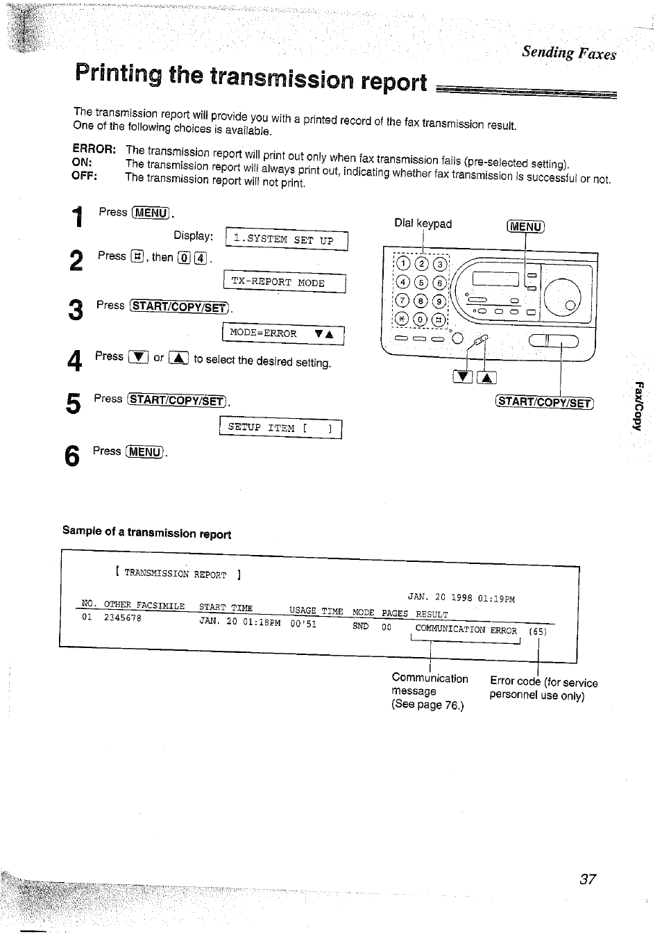 Printing the transmission report, Sample of a transmission report | Panasonic KX-FT37NZ User Manual | Page 37 / 96