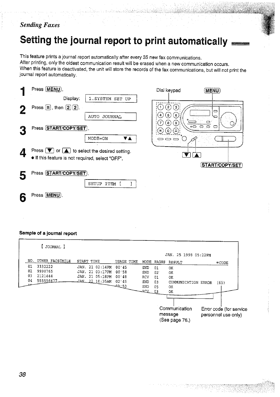 Setting the journal report to print automaticaily, Setting the journal report to print automatically | Panasonic KX-FT37NZ User Manual | Page 38 / 96
