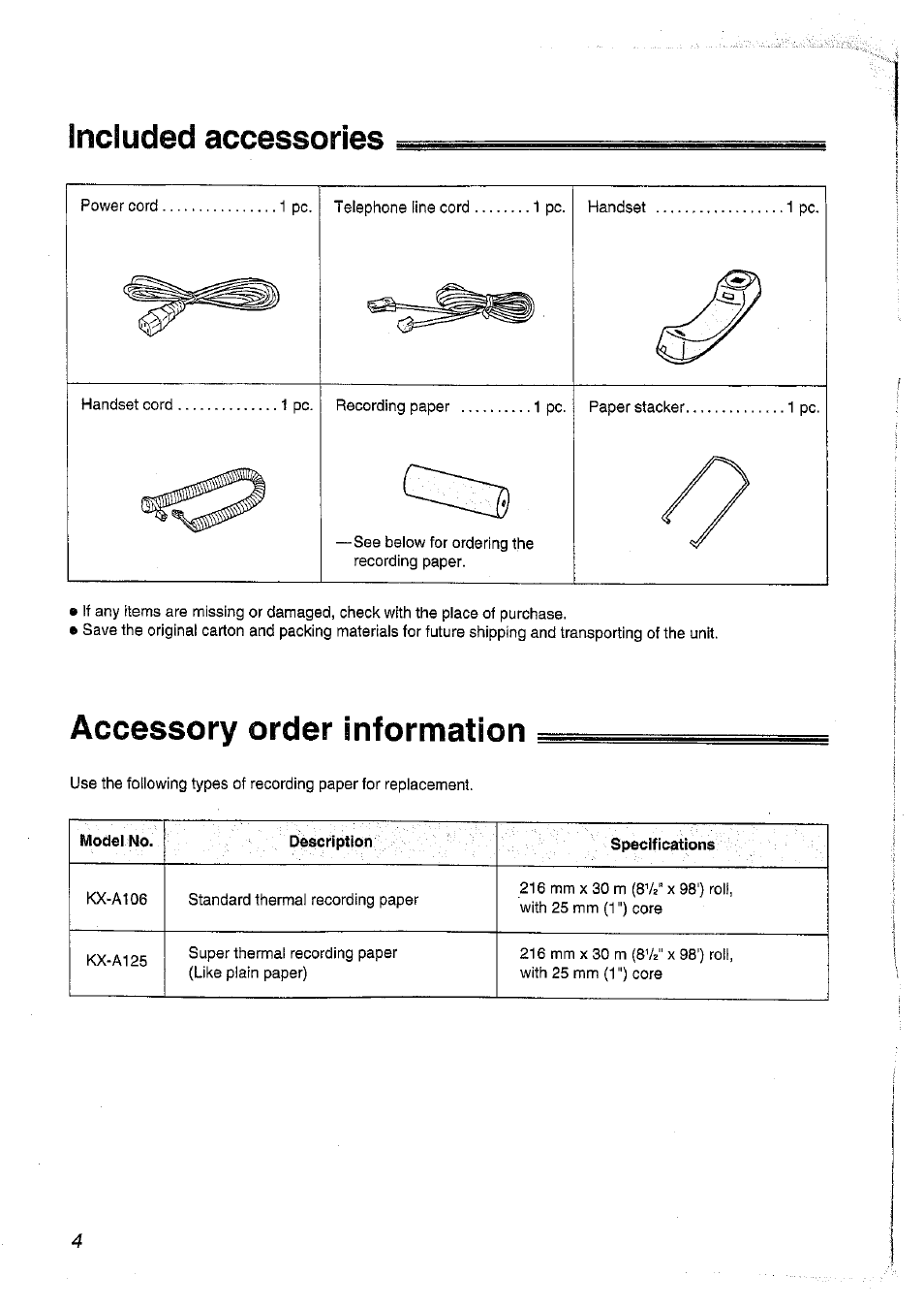 Included accessories, Accessory order information | Panasonic KX-FT37NZ User Manual | Page 4 / 96