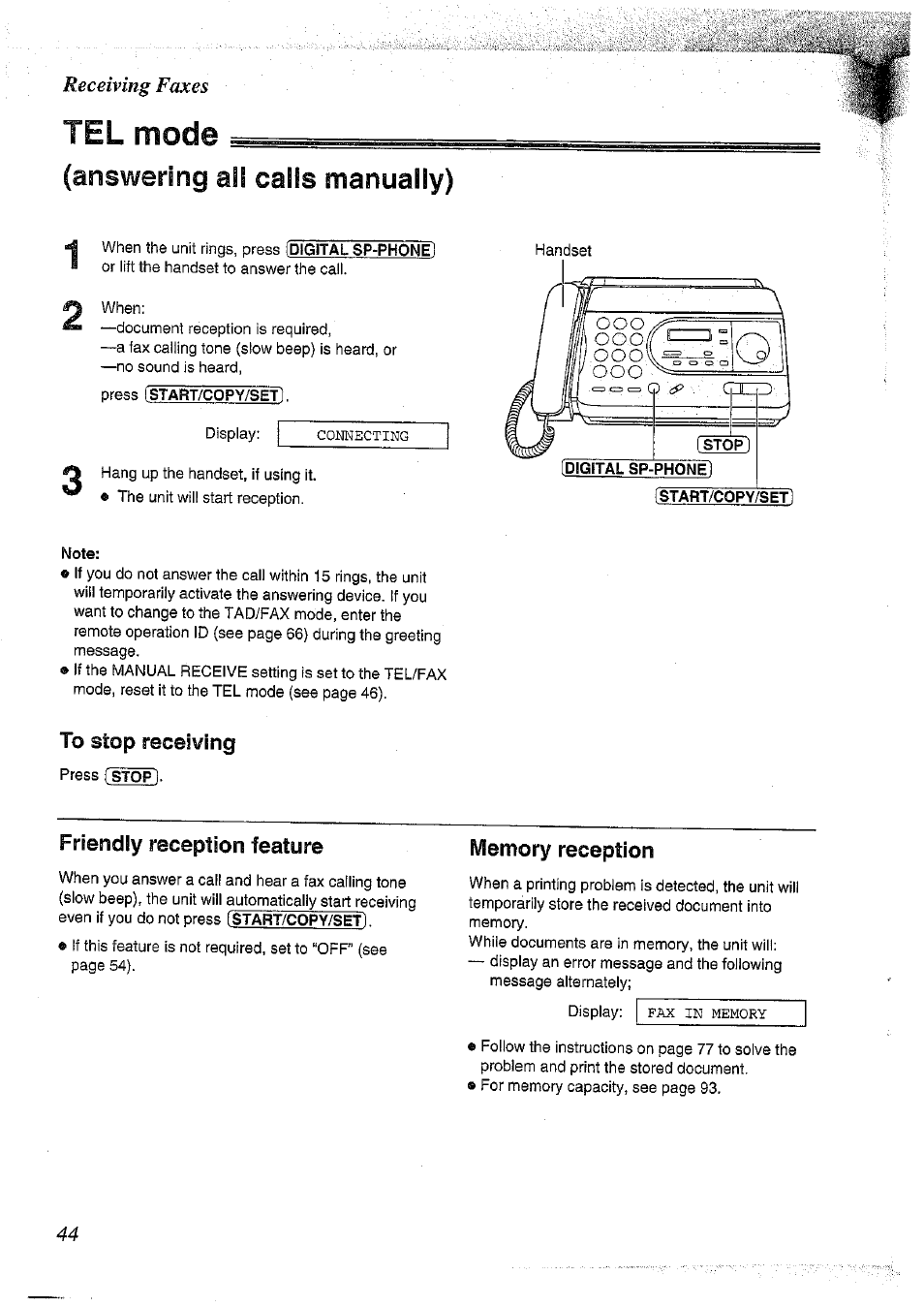 Tel mode, Answering all calls manually), Note | Friendly reception feature, Memory reception, Tel mode (answering all calls manually) | Panasonic KX-FT37NZ User Manual | Page 44 / 96