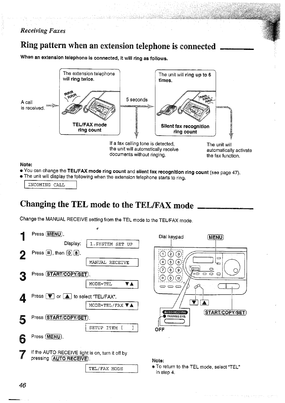 Receiving faxes, Changing the tel mode to the tel/fax mode | Panasonic KX-FT37NZ User Manual | Page 46 / 96