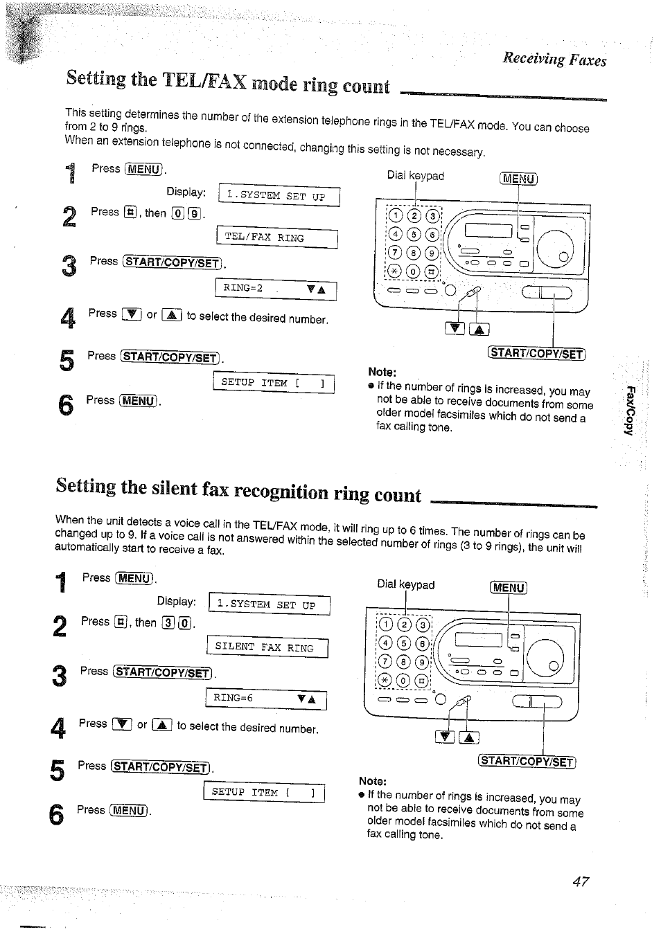 Press istart/copy/set, Note, Press [start/copy/set | Setting the tel/fax mode ring count | Panasonic KX-FT37NZ User Manual | Page 47 / 96