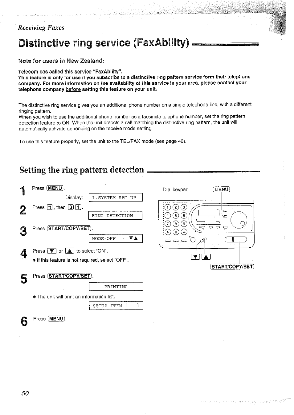 Distinctive ring service (faxabliity) | Panasonic KX-FT37NZ User Manual | Page 50 / 96