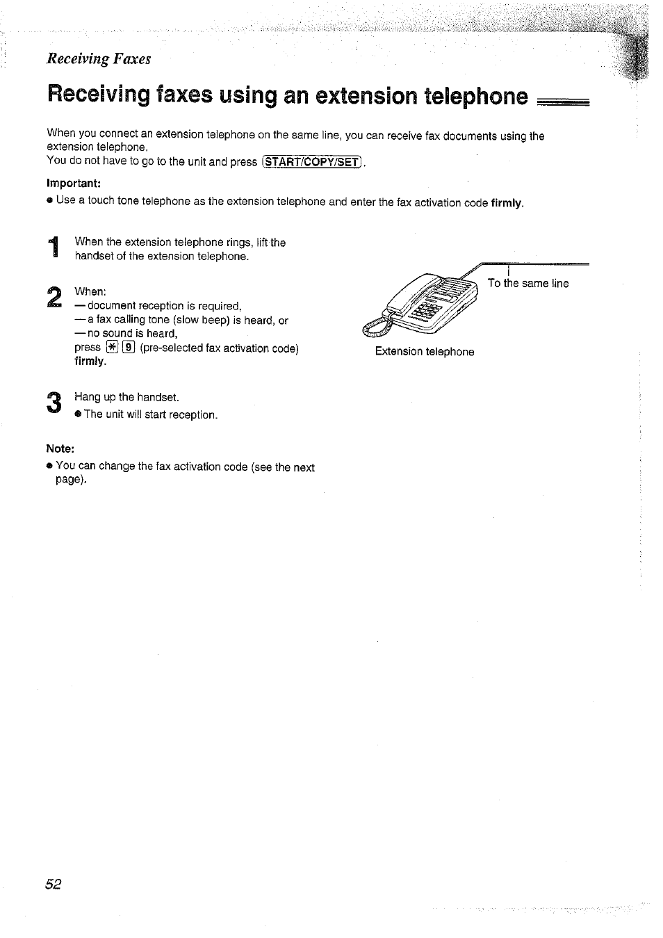 Receiving faxes using an extension teiephone, Note, Receiving faxes using an extension telephone | Panasonic KX-FT37NZ User Manual | Page 52 / 96