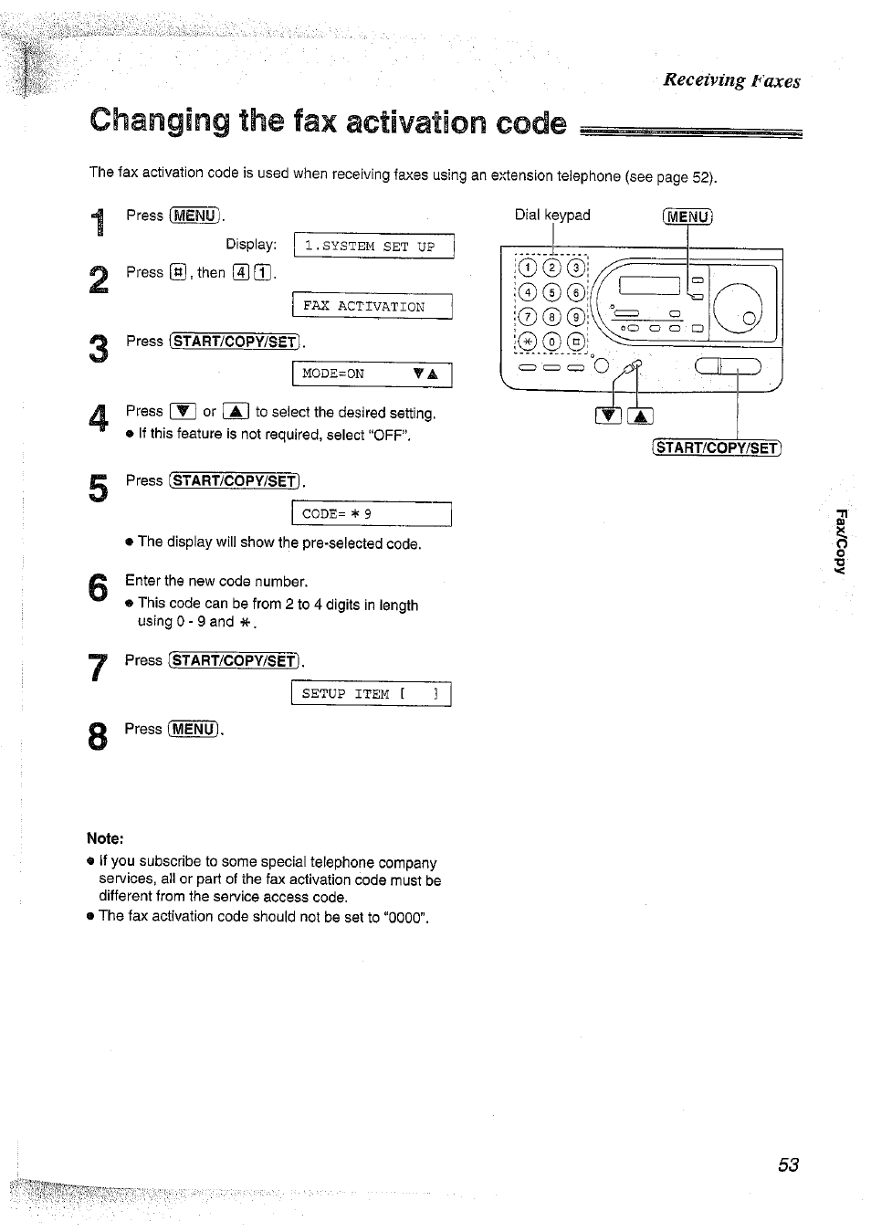 Changing the fax activation code, Note | Panasonic KX-FT37NZ User Manual | Page 53 / 96