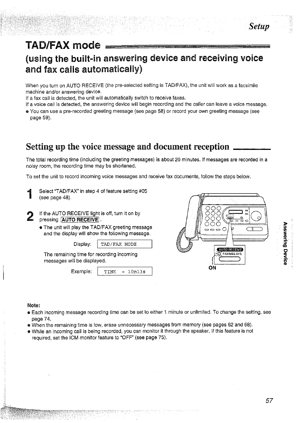 Tad/fax mode, Setup | Panasonic KX-FT37NZ User Manual | Page 57 / 96