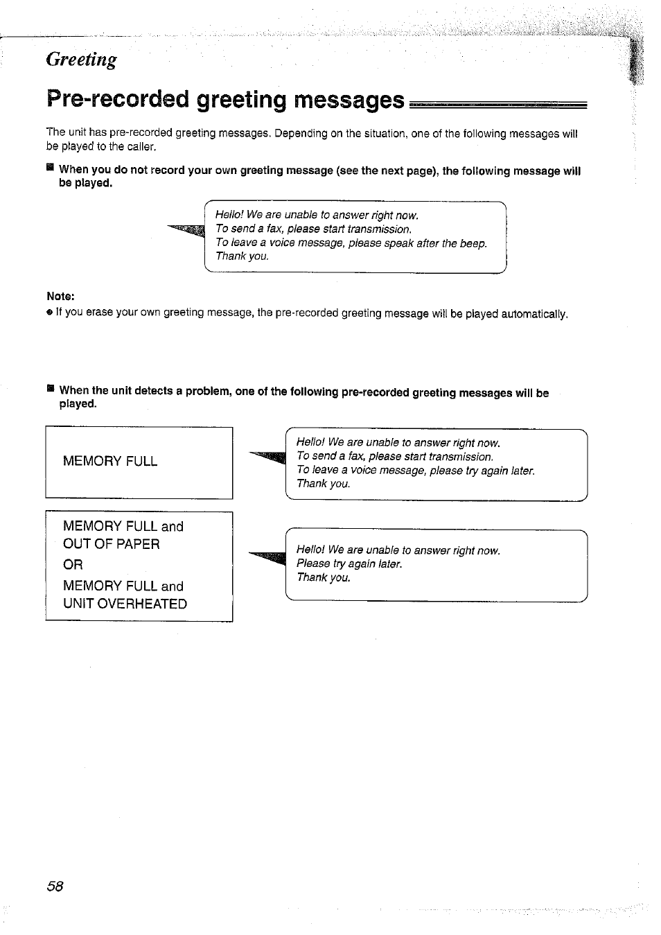 Pre-recorded greeting messages, Note, Greeting | Panasonic KX-FT37NZ User Manual | Page 58 / 96