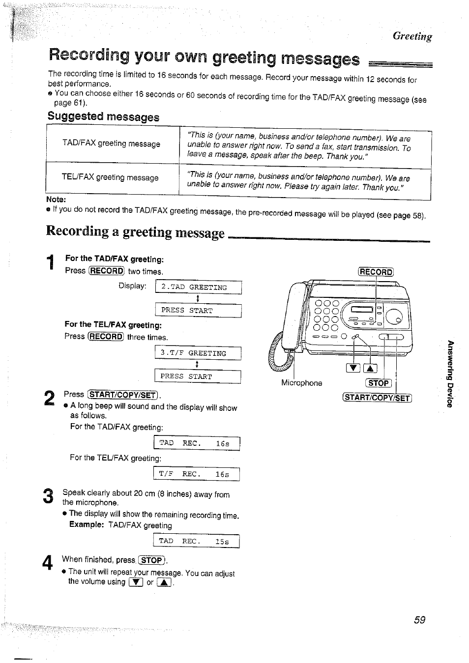Recording your own greeting messages, Suggested messages, Press [start/copy/set | Recording your, Greeting messages, Greeting, Recording a greeting message | Panasonic KX-FT37NZ User Manual | Page 59 / 96