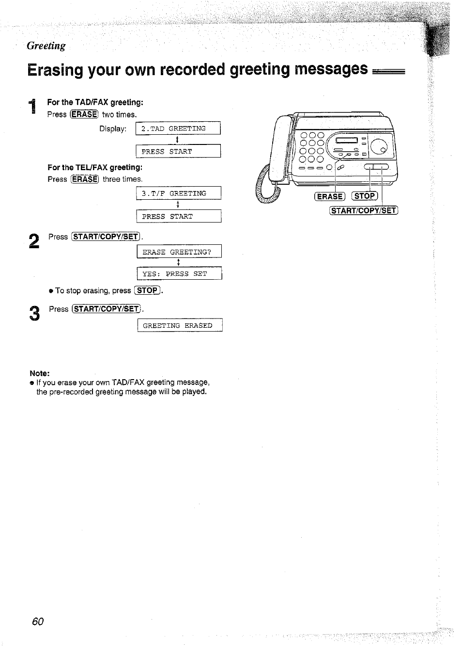 Erasing your own recorded greeting messages | Panasonic KX-FT37NZ User Manual | Page 60 / 96
