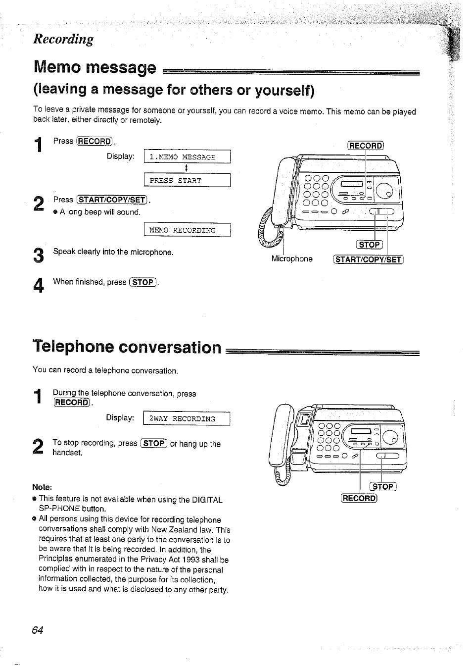 Memo message, Leaving a message for others or yourself), Telephone conversation | Record, Note, Recording | Panasonic KX-FT37NZ User Manual | Page 64 / 96