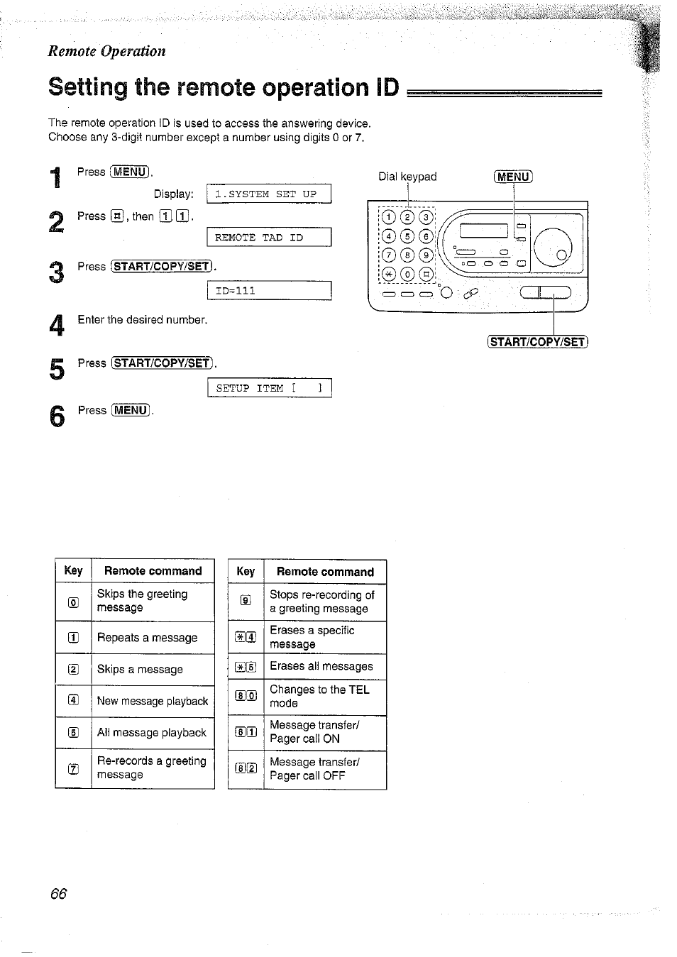 Setting the remote operation id, Operation, Mss) | Panasonic KX-FT37NZ User Manual | Page 66 / 96
