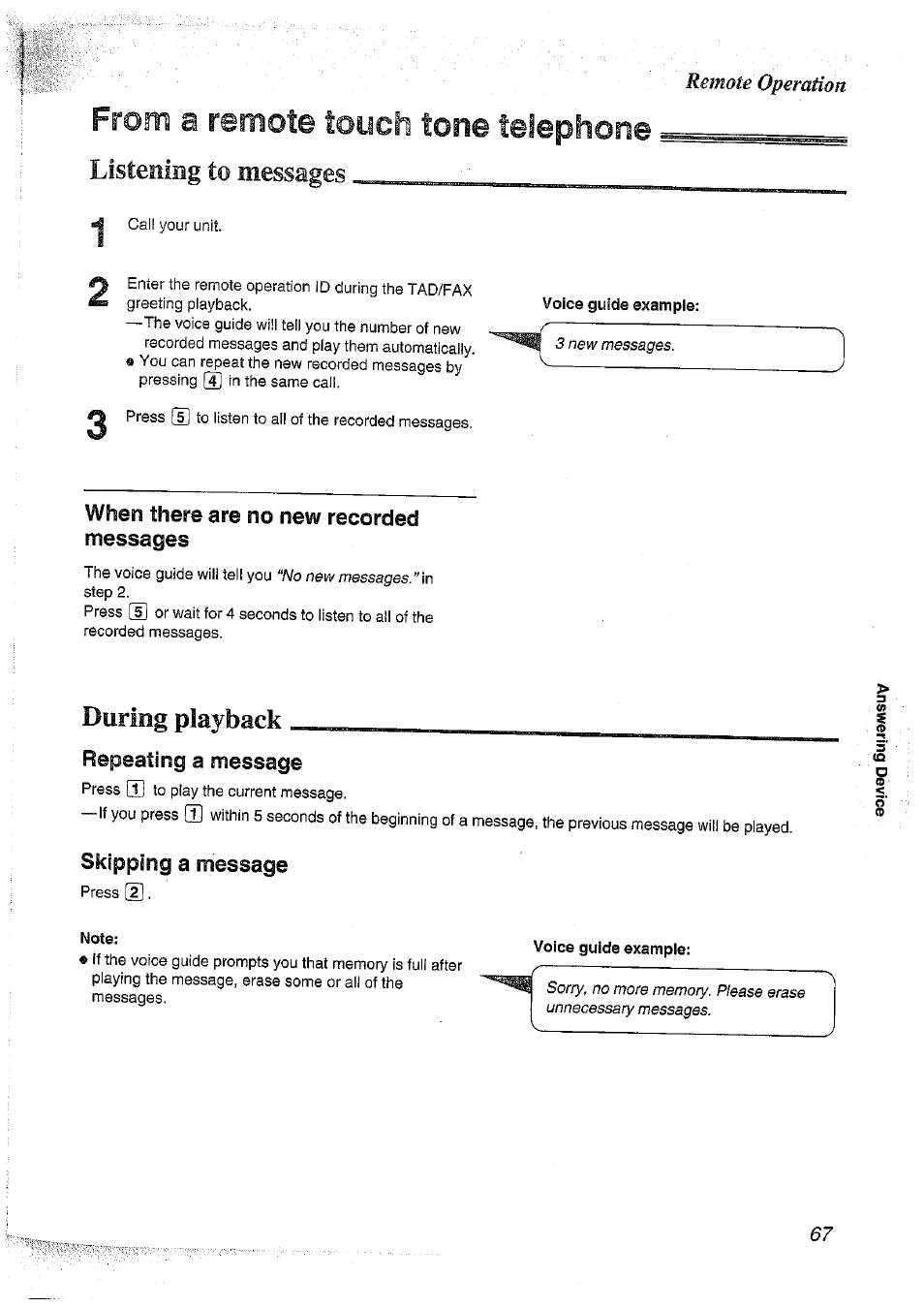 From a remote touch tone telephone, Voice guide example, When there are no new recorded | Messages, Repeating a message, Skipping a message, Note | Panasonic KX-FT37NZ User Manual | Page 67 / 96