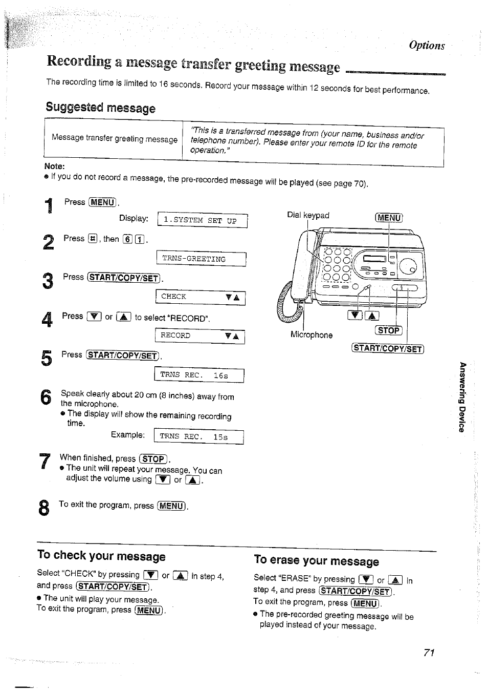 Press istart/copy/set, Suggested message | Panasonic KX-FT37NZ User Manual | Page 71 / 96