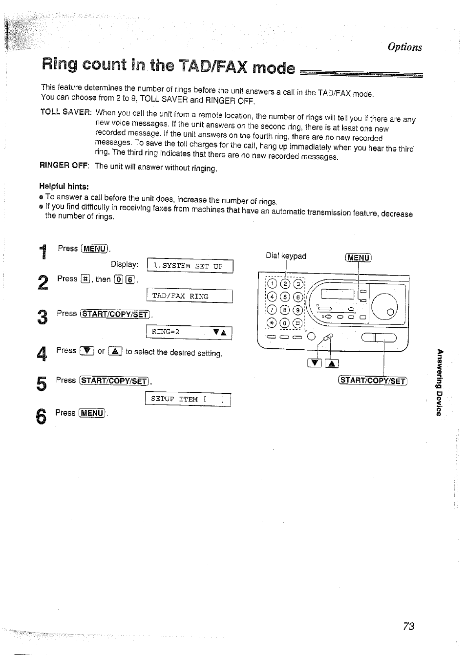 Ring count in the tad/fax mode, Count, Ring | Panasonic KX-FT37NZ User Manual | Page 73 / 96