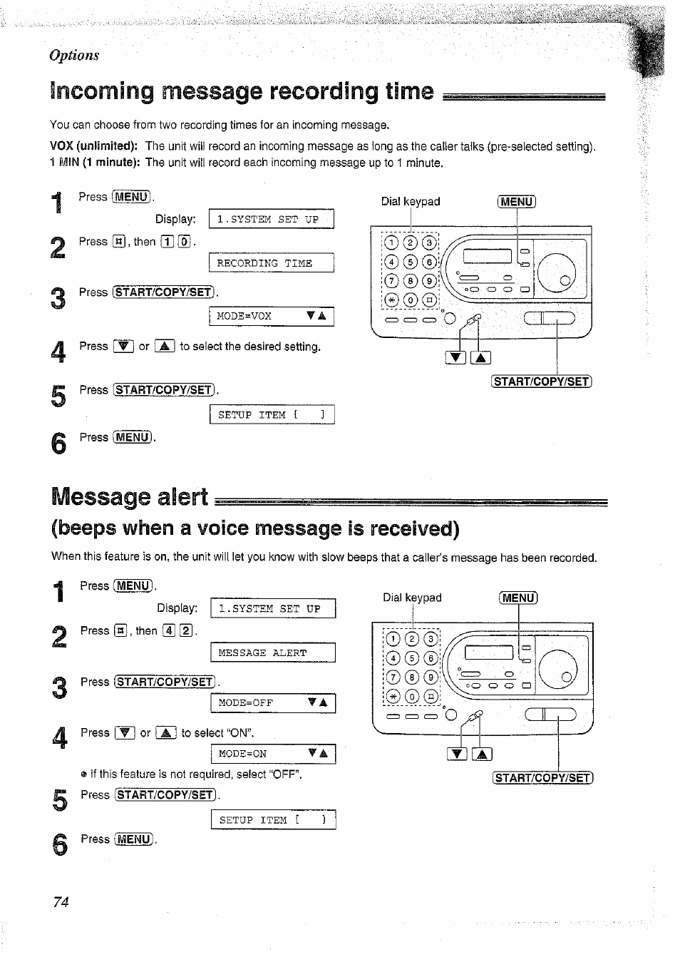 Message alert, Beeps when a voice message is received), 0©©i | Incoming, Recording time, Message | Panasonic KX-FT37NZ User Manual | Page 74 / 96