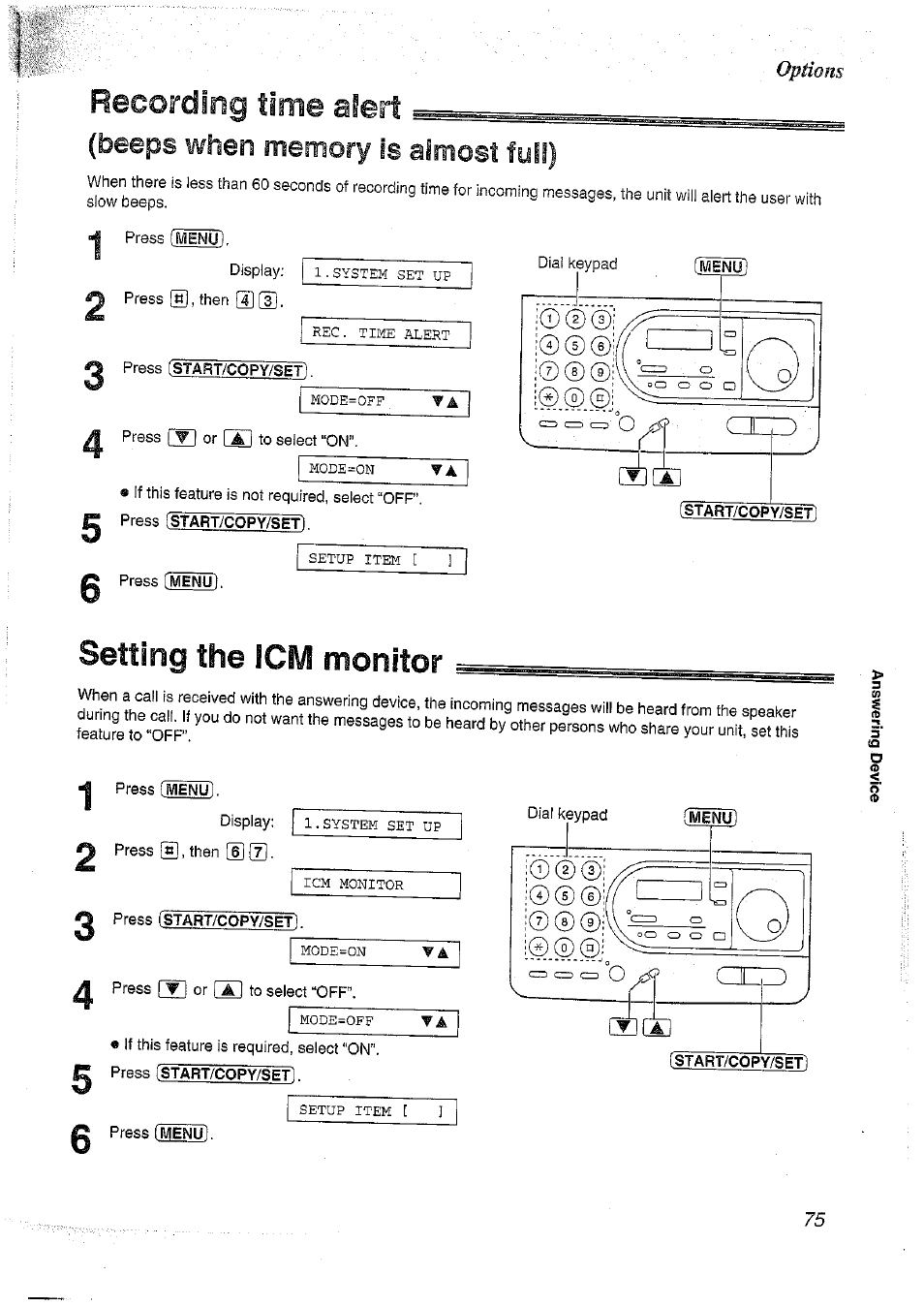 Recording time alert, Beeps when memory is almost full), Setting the icm monitor | Panasonic KX-FT37NZ User Manual | Page 75 / 96