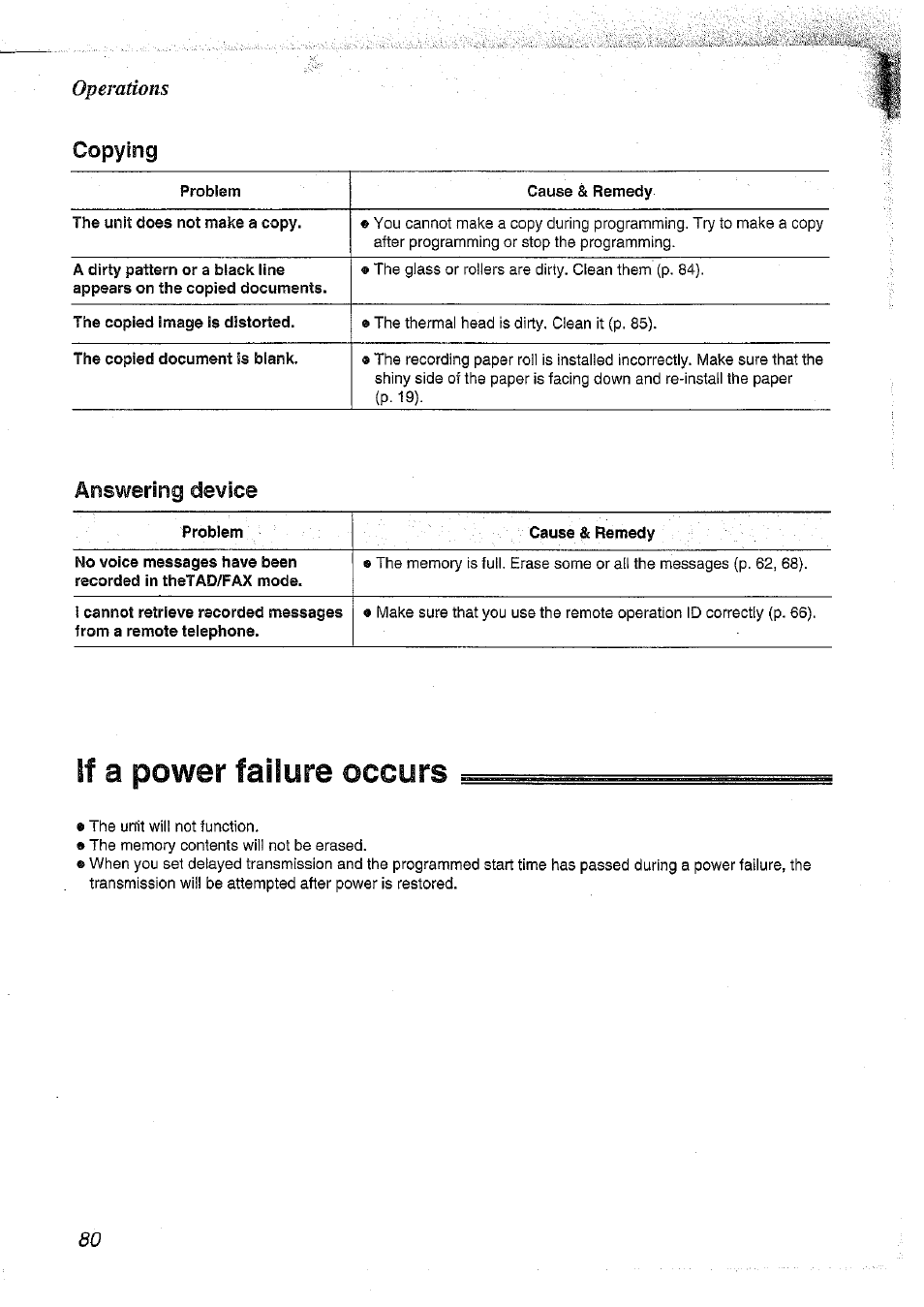 If a power failure occurs, Copying, Answering device | Panasonic KX-FT37NZ User Manual | Page 80 / 96