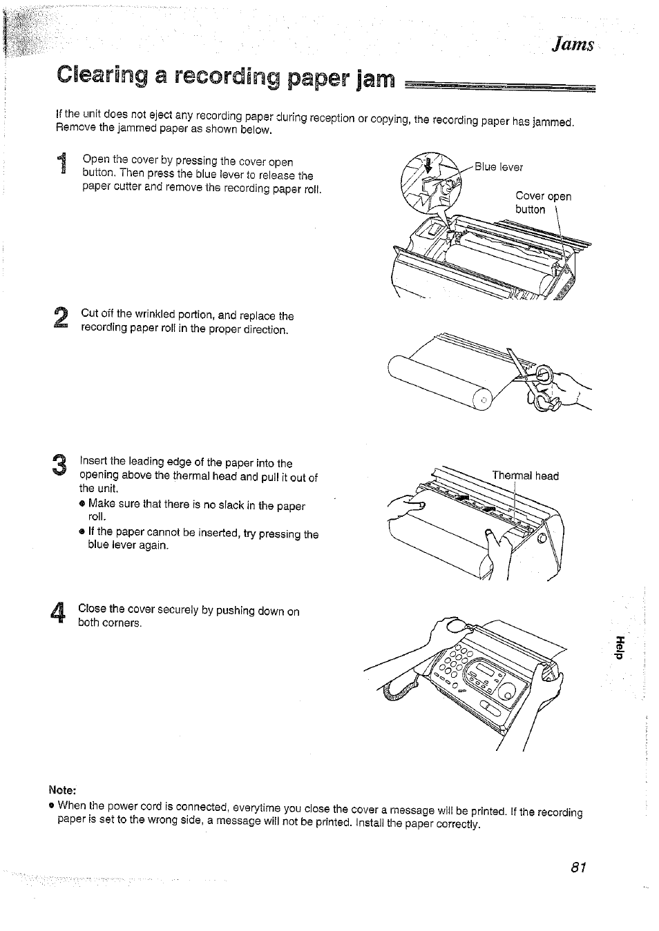 Note, Clearing a recording paper jam, Jams | Panasonic KX-FT37NZ User Manual | Page 81 / 96