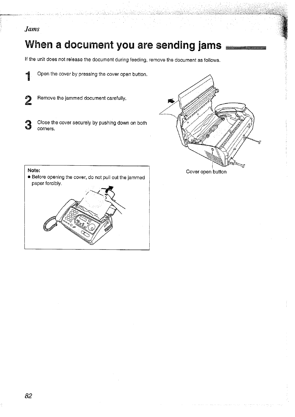 When a document you are sending jams, When a document you, Sending jams | Panasonic KX-FT37NZ User Manual | Page 82 / 96