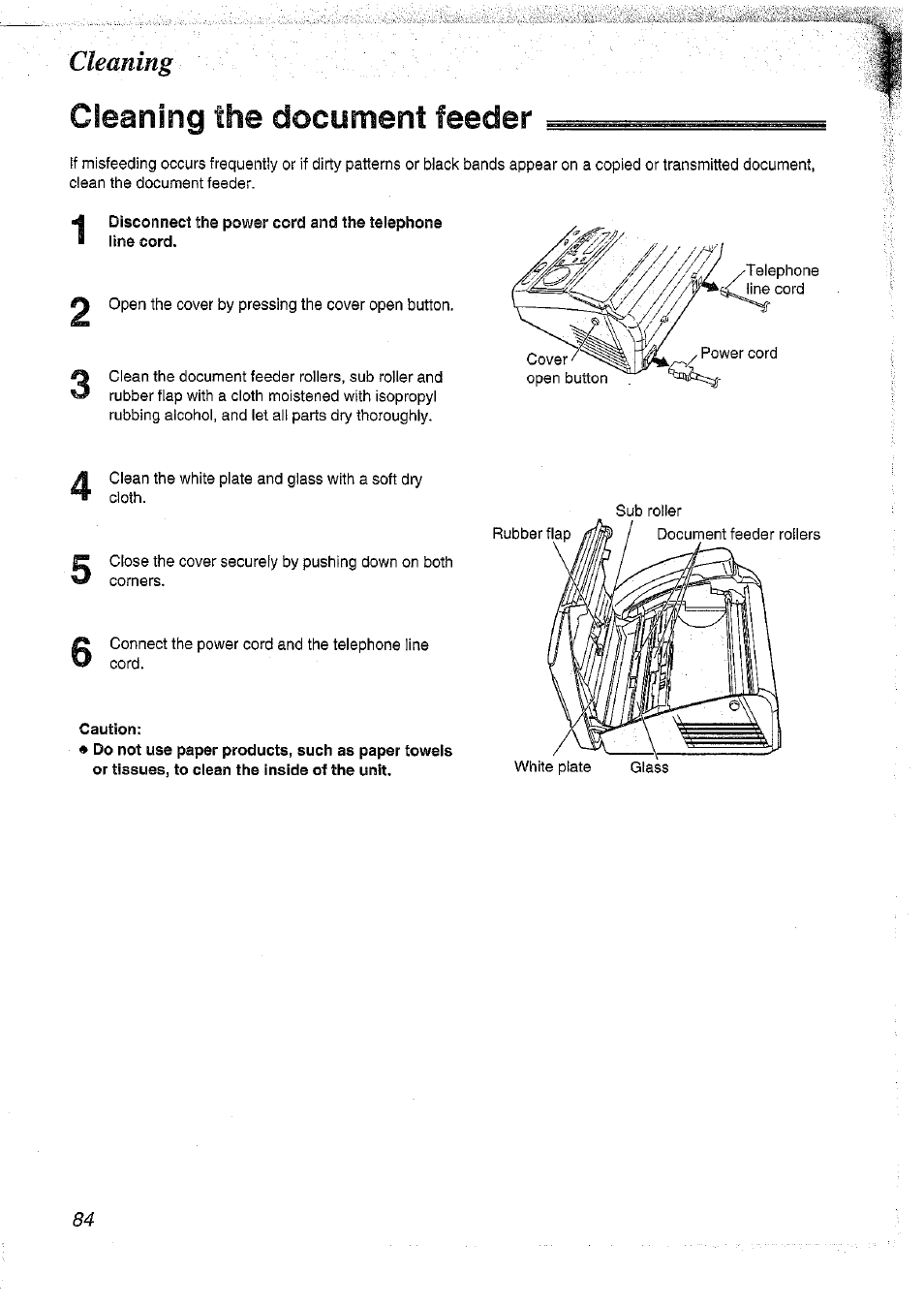 Cleaning the document feeder, Caution, Cleaning | Panasonic KX-FT37NZ User Manual | Page 84 / 96