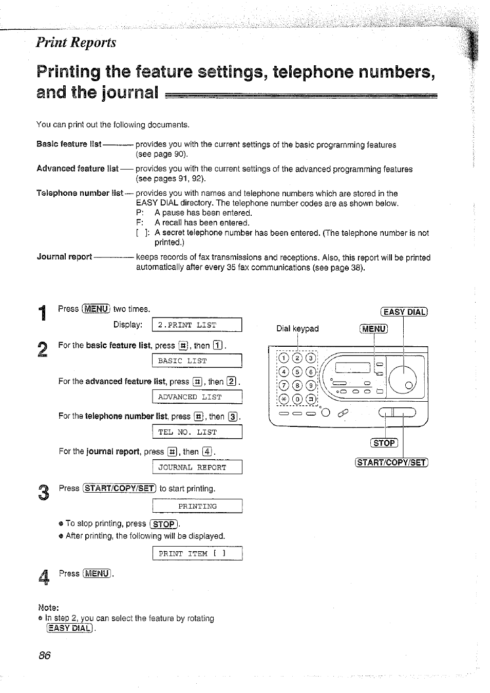 Printing the feature settings, telephone numbers, Print reports | Panasonic KX-FT37NZ User Manual | Page 86 / 96