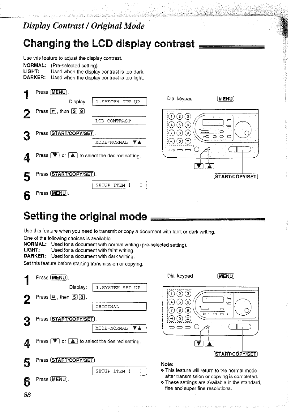 Changing the lcd display contrast, Setting the original mode, Display contrast | Original mode | Panasonic KX-FT37NZ User Manual | Page 88 / 96