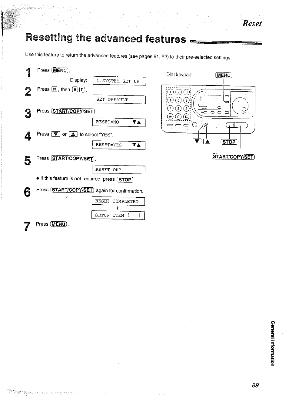 Resetting the advanced features, Reset, Resetting the | Advanced features | Panasonic KX-FT37NZ User Manual | Page 89 / 96