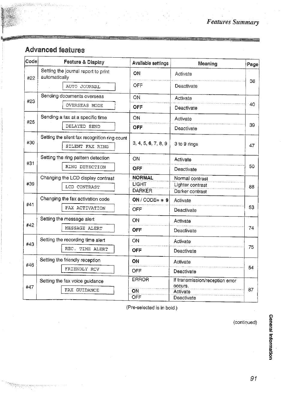 Advanced features, Features summary advanced features | Panasonic KX-FT37NZ User Manual | Page 91 / 96