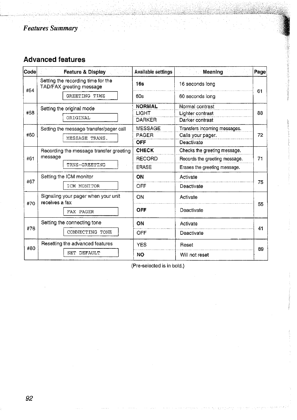 Features summary advanced features | Panasonic KX-FT37NZ User Manual | Page 92 / 96