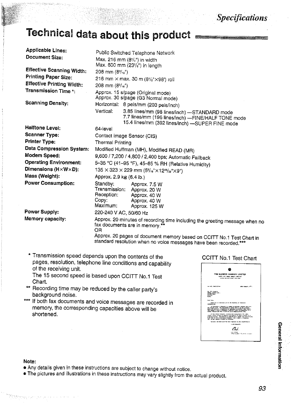 Technical data about this product, Applicable lines: document size, Scanning density | Halftone level, Power suppiy: memory capacity, Note, Specifications | Panasonic KX-FT37NZ User Manual | Page 93 / 96