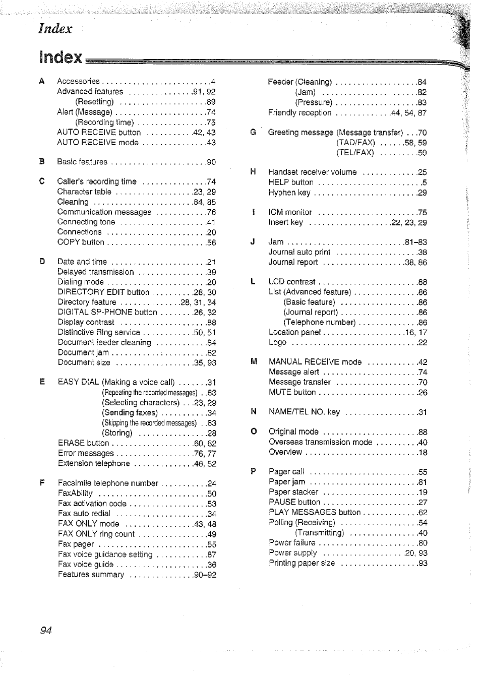 Index | Panasonic KX-FT37NZ User Manual | Page 94 / 96