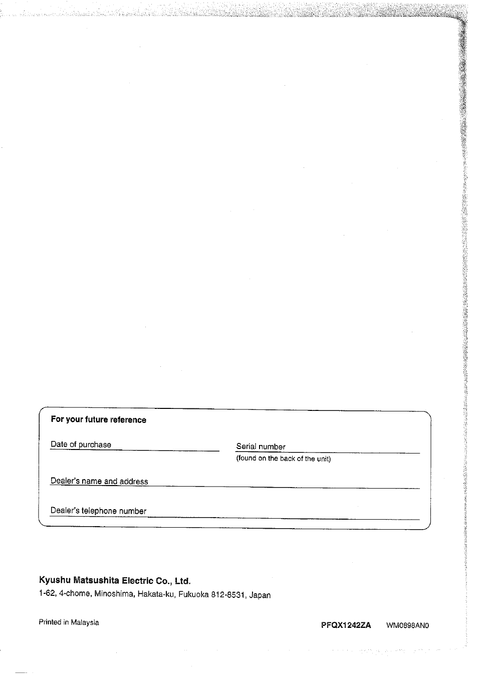 For your future reference | Panasonic KX-FT37NZ User Manual | Page 96 / 96